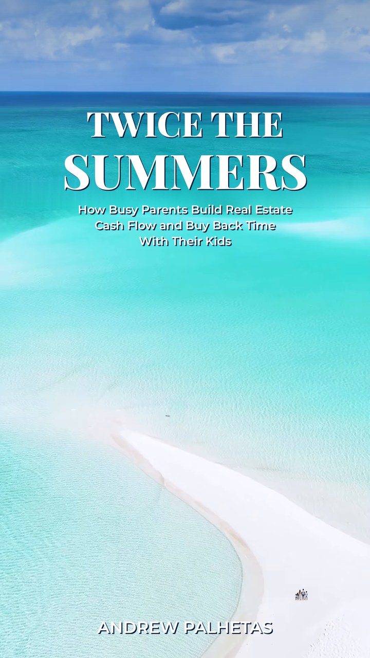 Cover of Twice the Summers by Andrew Palhetas: a white sandbar and turquoise water with a small family standing on the sand